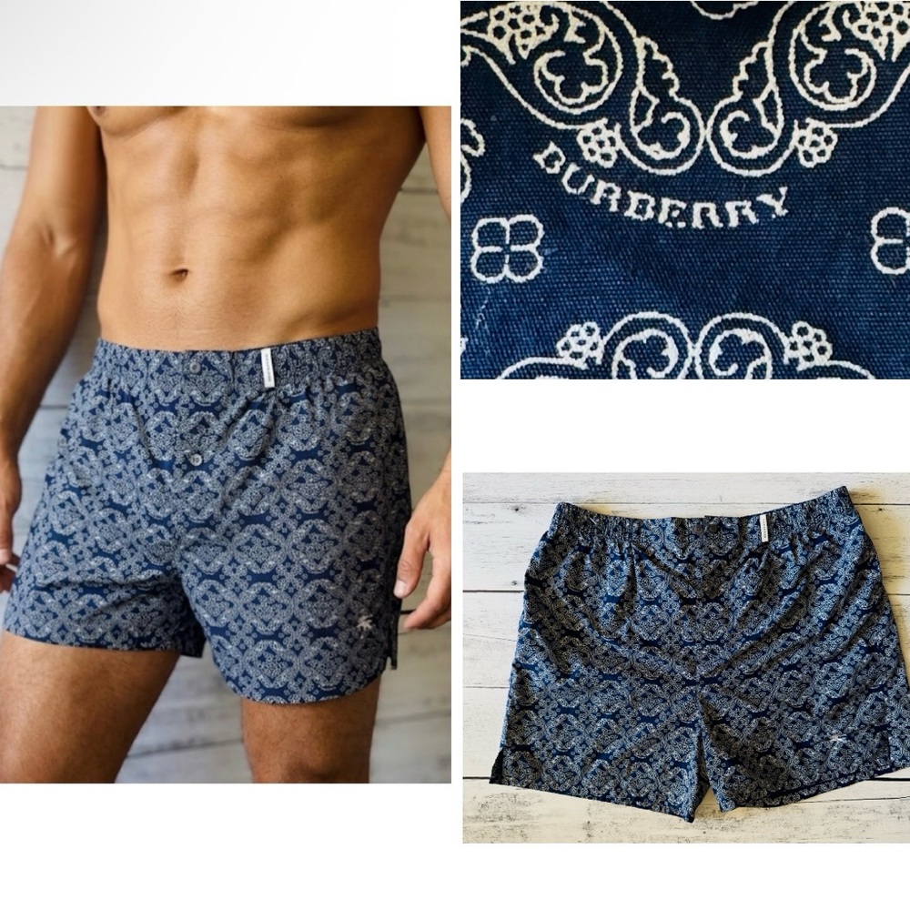 NWOT Burberry London Men's Cotton Boxers Blue White Paisley Pajama Shorts Large